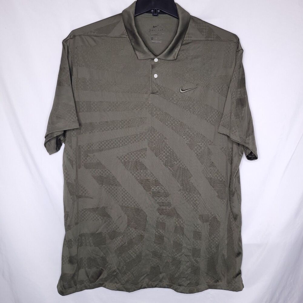 Nike Polo Shirt Mens 2XL Green Geometric Dri Fit Standard